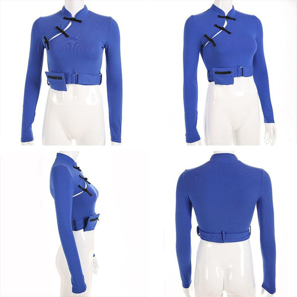 Women Stylish Long Sleeve Tops with Chinese Knot / Bare Crop Top with Pocket in Gothic Style