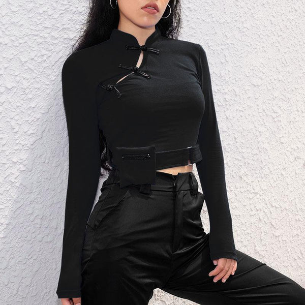 Women Stylish Long Sleeve Tops with Chinese Knot / Bare Crop Top with Pocket in Gothic Style