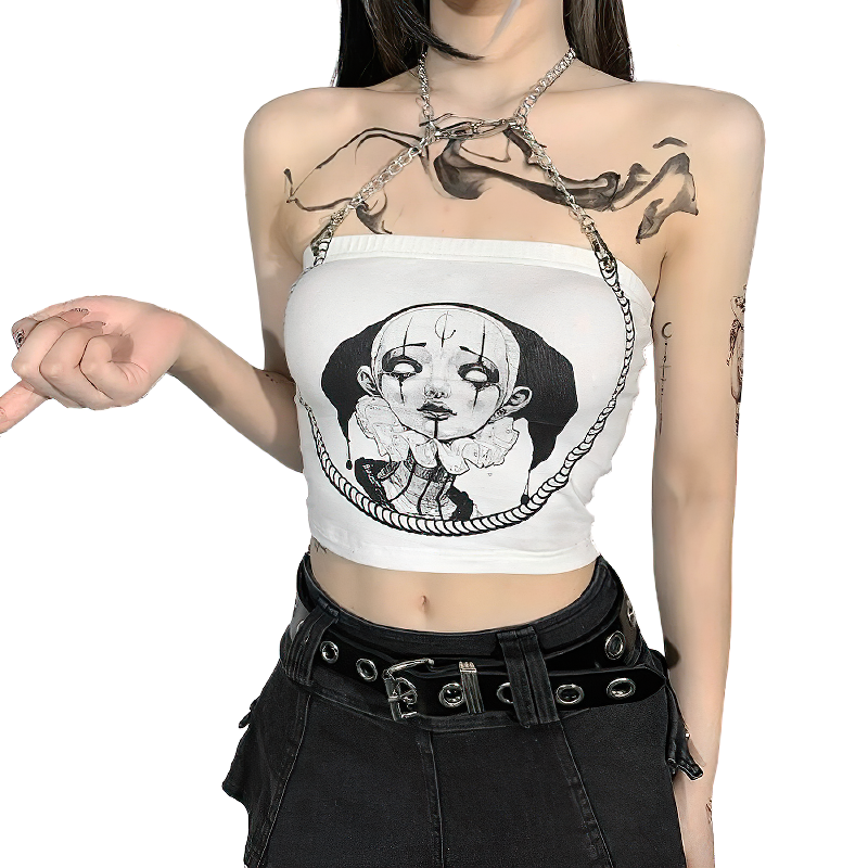 Women's Alternative Crop Top / Female Elegant Print Streetwear With Metal Chain