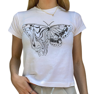 Women's Elegant Crop Top / Female O-Neck Alternative Style White Top / Women's Butterfly Print Top