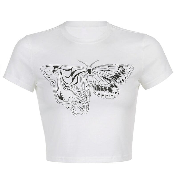 Women's Elegant Crop Top / Female O-Neck Alternative Style White Top / Women's Butterfly Print Top