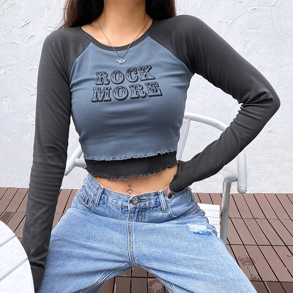 Women's Fashion Bodycon Crop Top Of Cool Inscription / Casual Streetwear Of Long Sleeve