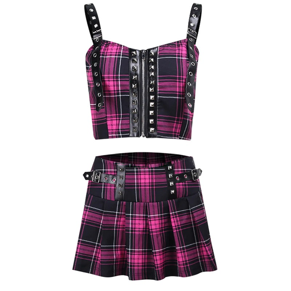 Women's Fashion Set Mini Skirt and Top in Punk Style / Purple Crop Tank Top