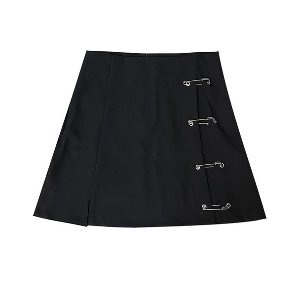 Women's Gothic Clothing / Black Skirts for Girls with Clips / Low Waist A-Line Short Skirt with Slit