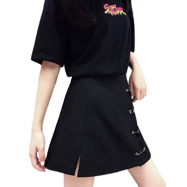 Women's Gothic Clothing / Black Skirts for Girls with Clips / Low Waist A-Line Short Skirt with Slit