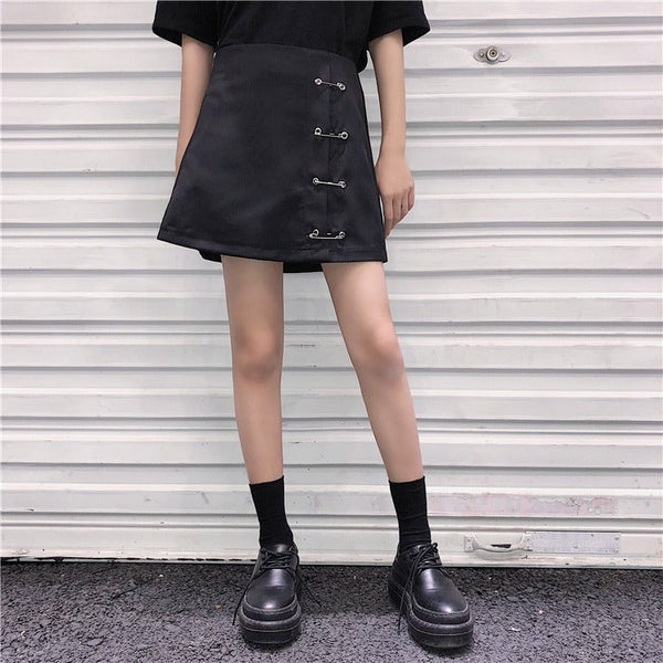 Women's Gothic Clothing / Black Skirts for Girls with Clips / Low Waist A-Line Short Skirt with Slit