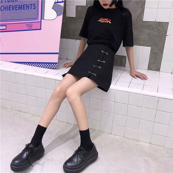 Women's Gothic Clothing / Black Skirts for Girls with Clips / Low Waist A-Line Short Skirt with Slit