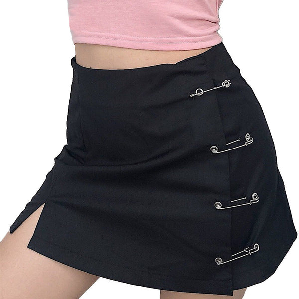 Women's Gothic Clothing / Black Skirts for Girls with Clips / Low Waist A-Line Short Skirt with Slit