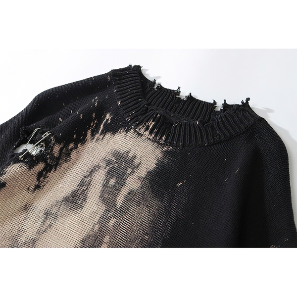 Women's Grunge Destroyed Graffiti Sweater / Ripped Design O-Neck Pullover / Knitted Streetwear