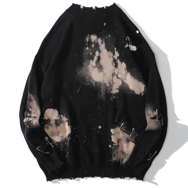 Women's Grunge Destroyed Graffiti Sweater / Ripped Design O-Neck Pullover / Knitted Streetwear