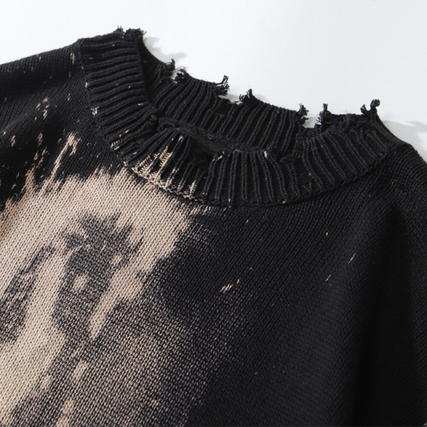 Women's Grunge Destroyed Graffiti Sweater / Ripped Design O-Neck Pullover / Knitted Streetwear