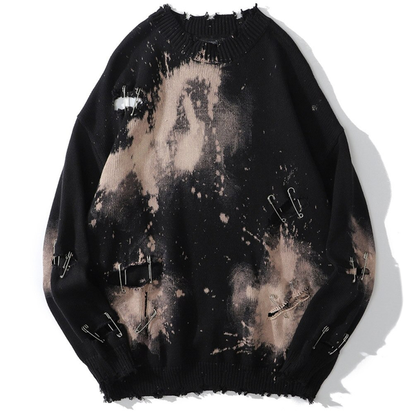 Women's Grunge Destroyed Graffiti Sweater / Ripped Design O-Neck Pullover / Knitted Streetwear