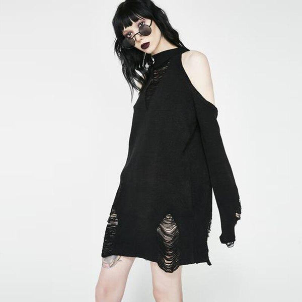 Women's Off Shoulder Black Gothic Long Sweater / Sexy Hollow Out Cool Knit Pullover