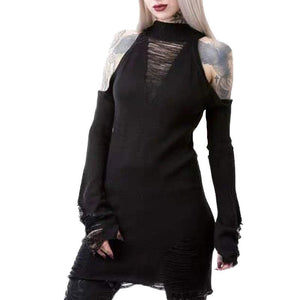 Women's Off Shoulder Black Gothic Long Sweater / Sexy Hollow Out Cool Knit Pullover