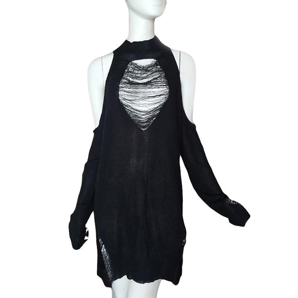 Women's Off Shoulder Black Gothic Long Sweater / Sexy Hollow Out Cool Knit Pullover