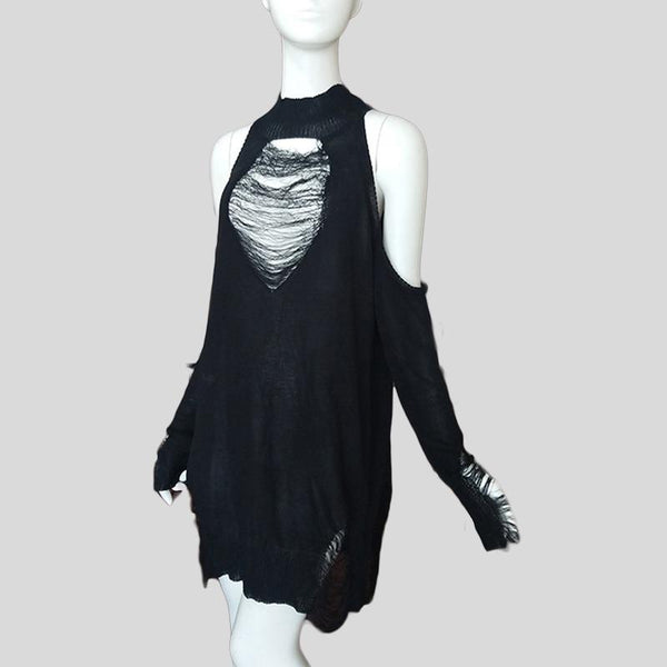 Women's Off Shoulder Black Gothic Long Sweater / Sexy Hollow Out Cool Knit Pullover