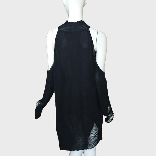 Women's Off Shoulder Black Gothic Long Sweater / Sexy Hollow Out Cool Knit Pullover