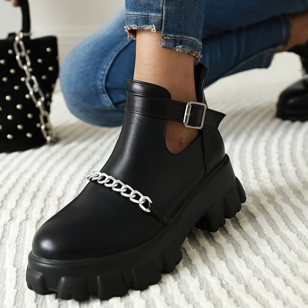 Women's Rock Style Boots With Buckle / Cool PU Leather Black Platforms / Female Boots With Chain