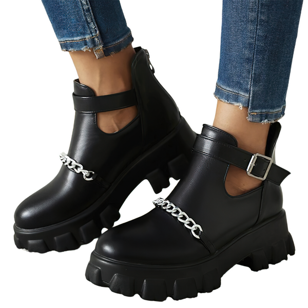 Women's Rock Style Boots With Buckle / Cool PU Leather Black Platforms / Female Boots With Chain