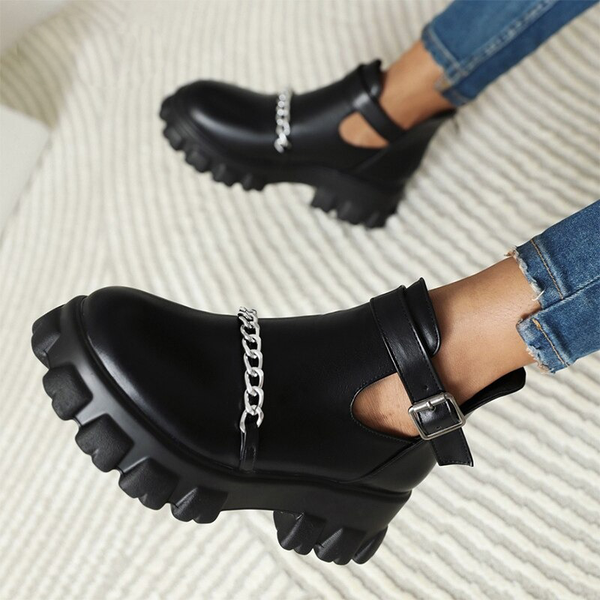 Women's Rock Style Boots With Buckle / Cool PU Leather Black Platforms / Female Boots With Chain