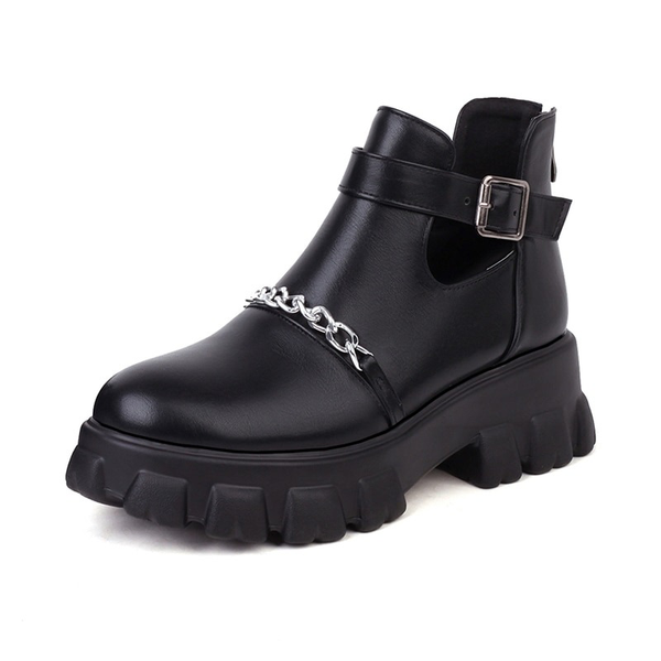 Women's Rock Style Boots With Buckle / Cool PU Leather Black Platforms / Female Boots With Chain