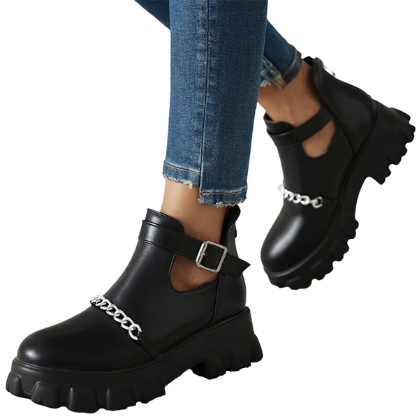 Women's Rock Style Boots With Buckle / Cool PU Leather Black Platforms / Female Boots With Chain