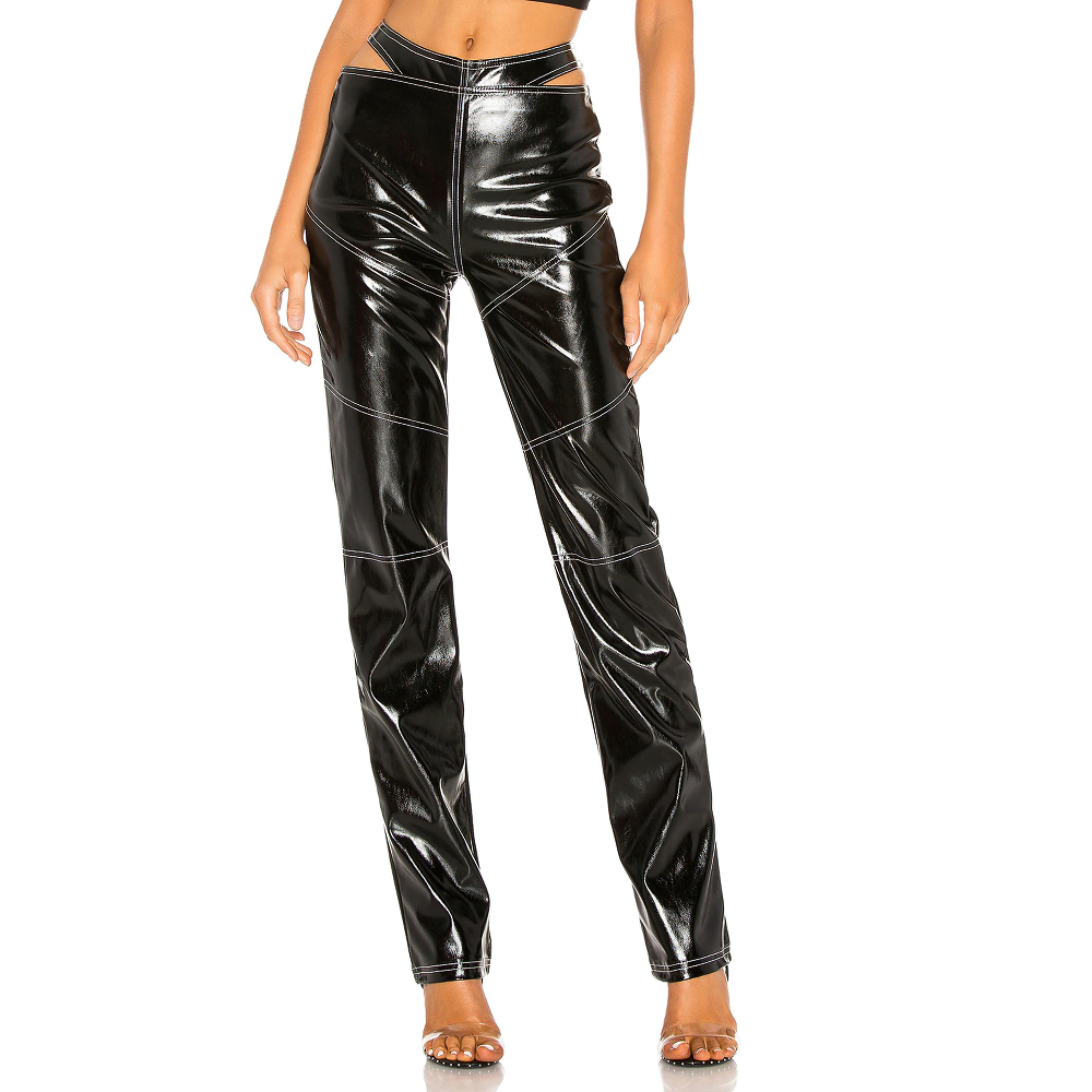 Women's Zipper PU Leather Pants with Hollow Cut on Waist / Pants With Contrast Line Stitching