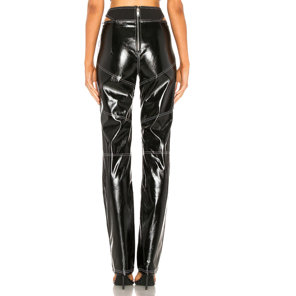 Women's Zipper PU Leather Pants with Hollow Cut on Waist / Pants With Contrast Line Stitching