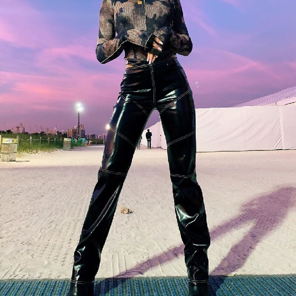 Women's Zipper PU Leather Pants with Hollow Cut on Waist / Pants With Contrast Line Stitching